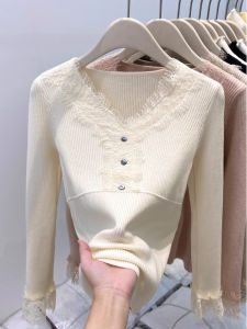 Áo Len Dệt Kim Cổ Chữ V Ren Nữ Thu Đông 2025 Áo Len Dệt Kim Dài Tay Ôm Vừa Vặn Áo Lót Bên Trong Áo Sơ Mi Cổ Chữ V