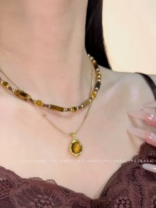 Amber Golden Eye Vintage Natural Stone Beaded Necklace Layering Sweater Chain Clavicle Chain Fashion Jewelry Accessory