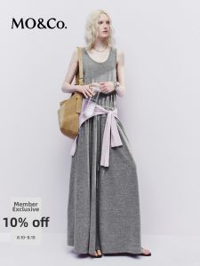 MO&Co. | Floral Gray Linen Blend Midi Dress U-neck Rolled Edge