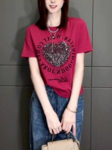 This Year New Arrival Purplish Red Pure Cotton Short-Sleeved T-shirt Female Summer Loose Western Style Fashion Street Texture Anti-Aging Top