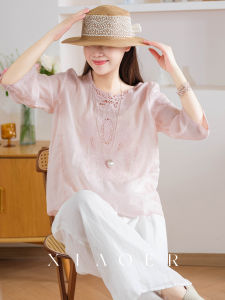XIAOER | Áo Sơ Mi Linen Thêu Và Ren Đục Lỗ