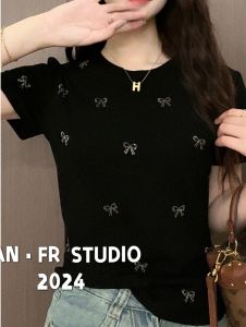 plus Size Butterfly Knot Short Sleeve T-Shirt Glitter Design Slimming Meat Covering Shoulder Appropriate Summer Top