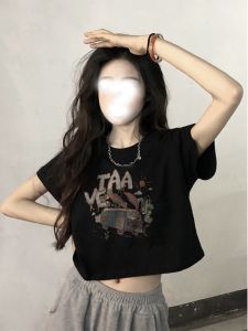 French Style Short Sleeve T-Shirt Womens Summer New Loose Fashion Waist Carding Black Hot Girl Top Korean Version Cotton Blend