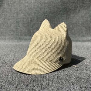 Cat Ear Baseball Cap Straw Hat Women Summer Outing Wide Brim Sunshade Hat Casual Style round Top Cap Suitable for All Ages