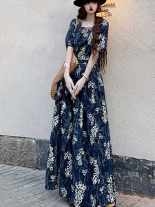 Váy Dài Tay Ngắn Họa Tiết Hoa Cổ Điển Thanh Lịch Mùa Hè Váy Midi Chữ a Cổ Tròn Không Tay Váy Dài Đến Đầu Gối