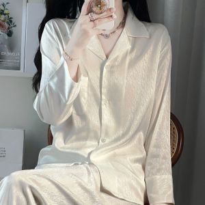 Silk Sleepwear Womens Autumn New Fashion Trend  Silk Thin Long Sleeve Long Pants Home Clothes Set Simple Style Button Decoration Casual Scene