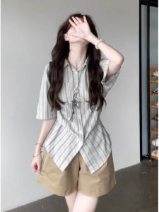 YUEZHONGWEI | Summer Loose Fit Striped Short Sleeve Polo Shirt Womens Casual Versatile Top Color Block Shoulder Flip Collar Korean Style