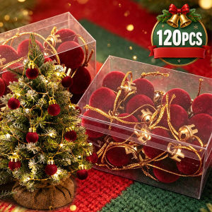 120/24PCS Wine Red Christmas Ball Mini Flocked Christmas Ball Xmas Tree Ornament Ball Hanging Pendants New Year Party Decoration