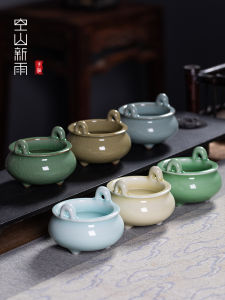 Retro Dragon Well Green Ceramic Incense Burner Three-legged Small Size Home Use Aromatherapy Buddhist Offering Creative Tea Ceremony Ornament