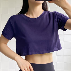 Loose Short Sleeve Womens Crop Top T-Shirt Quick Dry Breathable Fitness Gymnastics Yoga Sportswear Running Ultra Elastic Nylon