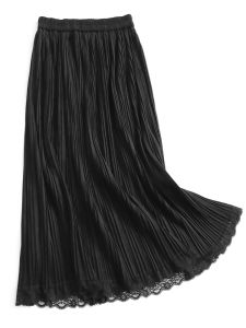 กระโปรงทรงเอเอวสูงสไตล์สตรีทแฟชั่นฤดูใบไม้ร่วงปี 2024 กระโปรงทรงเอผ้าชีฟองลายจุดสีพื้นพร้อมขอบลูกไม้ สไตล์เกาหลี