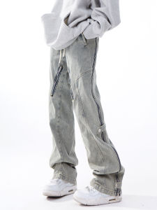 Washed Denim Flared Jeans Side Zipper Straight Leg Slimming Long Trousers for Men And Women American High Street Style