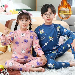 Thickened Fleece Warm Underwear Set for Children Baby Boys Girls Winter Cotton Sandwich Thermal Clothing Set Moisture Wicking Home Use
