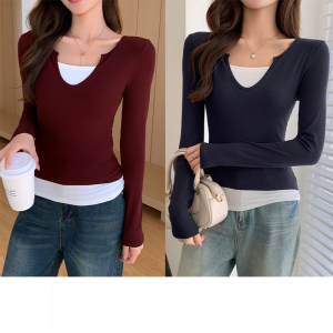 Miiow | Gray Long Sleeve Base Shirt Womens Outerwear Commute Slim Fit Early Autumn Top Casual Style Universal Size Knitted Fabric