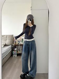 High Waist Wide Leg Denim Jeans Womens Loose Folded Slimming Draping Floor-Length Pants American Retro Style Casual Jeans