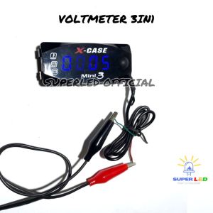 Voltmeter Aki 3 IN 1 X-Case Temperatur Suhu Jam Volt Meter Aki 3IN1 Led Biru Universal