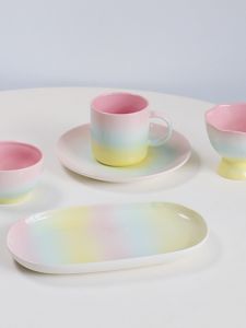 Rainbow Ceramic Coffee Cup Pink Gradient Breakfast Cup Girls Heart Ice Cream Cup Handheld Cup Plate Breakfast Plate