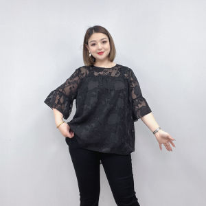 plus Size Womens Loose Lace Top Half Sleeve Belly Covering Slimming Summer Mesh Shell Korean Style round Neck Bubble Sleeve