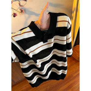 LIUBU | Áo Polo Ngắn Tay Knit Sọc Màu Đẹp Mắt Thoáng Mát Kiểu Dáng Klassic