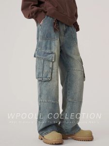 American Retro Mens Loose Wide Leg Jeans with Multiple Pockets Spring Autumn Straight Cut Casual Comfortable Denim Trousers