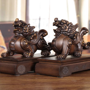 Handcrafted Solid Wood Carving Wealth Attracting Xi Wang Statuette Decorative Piece for Business Opening Feng Shui Decoration Living Room Entrance
