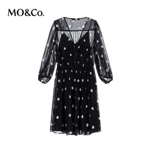 MOCO Vintage Polka Dot Loose V-neck Dress with Inner Wear High Waist Street Style Long Sleeve Short Dress for Autumn