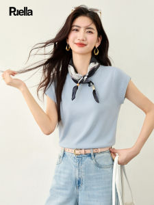 puella | Summer Korean Style Versatile Round Collar Fly Sleeve Knitted Top With Scarf