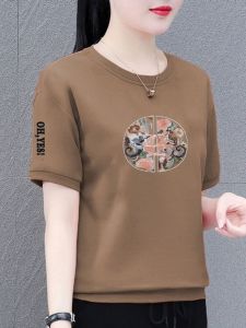 Pure Cotton Short Sleeve T-Shirt New Chinese Style Womens Casual Fashion Summer Top Mid-aged Stylish Printed round Neck Tee