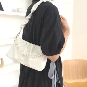 Pearl Chain Shoulder Bag Women Solid Color Pleated Cloud Summer Fashion PU Leather Underarm Bag Single Shoulder Crossbody Bag