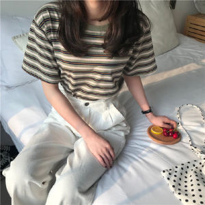 Summer Stripe Short Sleeve T-Shirt Womens Loose Casual Base Layer Top Slimming Loose Fit Polyester round Neck Basic Style