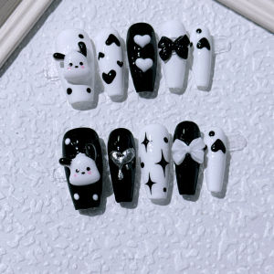 Black Cartoon Pachat Dog Handmade Wearable Nails Medium Length with Bow Design False Nails Easy to Wear No Special Removal Needed
