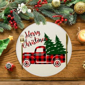VIKAMA Beige Crimson Christmas Tree Round Placemat Red Pink Pine Golden Star Merry Text Brushstroke Xmas Table Mat Decor Premium