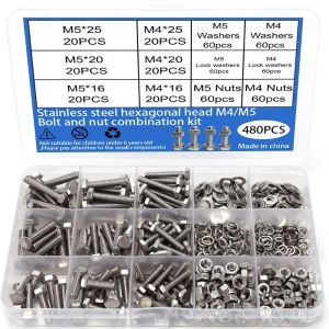 480-Piece Stainless Steel Hex Bolt Nut and Washer Set M4/M5 Lengths 16mm 20mm 25mm