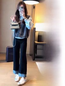 ชุดเดรสยาวแขนยาวสไตล์เกาหลีหรูหราสำหรับผู้หญิงชุดสามชิ้นฤดูใบไม้ร่วง เสื้อเชิ้ต กางเกงยีนส์ แฟชั่นทันสมัย