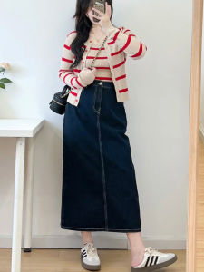 สีน้ําเงินเข้ม เดนิม ทรงเอ กระโปรงยาวปานกลาง ผู้หญิง สูง เอว Slit Loose Fit ครึ่งความยาว สไตล์เกาหลี ผ้าฝ้าย เบลนด์ ลำลอง กระโปรง