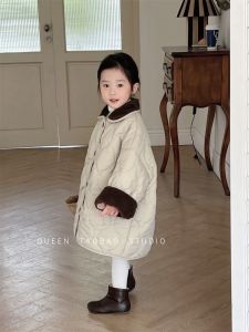 Korean Style Long Cotton Jacket for Girls Thick Warm Fur Collar Baby Clothes Versatile Fashionable Winter New Arrival
