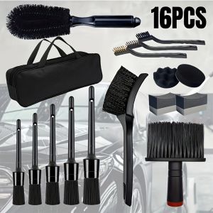 16Pcs Car Washing Brush Tool Kit With Storage Bag Wheel Cleaning Brushes Steel Brushes Uses For Auto Exterior Hub Cleaning