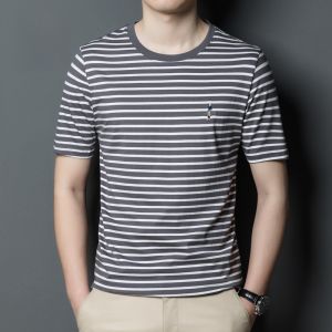 ROMON | Lormen Mens Short Sleeve T-Shirt Summer Thin Pure Cotton Striped Casual Top Lightweight Dad Sea Soul Shirt Fashionable City Style