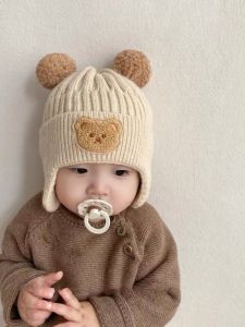 Baby Hat Cute Bear Knitted Earmuffs Hat Kids Winter Thicken Thermal Woolen Cap K-style Baby and Infants Cap