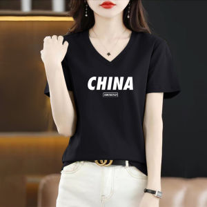 Pure Cotton V-Neck Short Sleeve T-Shirt Women Summer Korean Style Casual Loose Large Size Artistic Retro plus Size Top