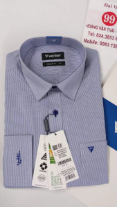 [Việt Tiến Sale] Sơ Mi Dài Tay - Regular Fit - Vạt Bầu - Kẻ caro ô nhỏ nền trắng kẻ xanh dương - size 40 (lẻ size)