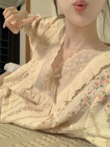 Vintage Court Style Sweet Small Floral Pajamas Womens Summer Internet Famous Lace Short Sleeve Outerwear Homewear Suit