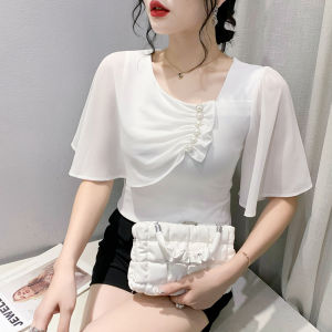 Yimei Áo thun nữ Quảng Châu xinh đẹp 2023 mùa hè khăn quàng cổ voan mới kem chống nắng 5/4 tay cho nữ ôm vừa cotton áo phông cổ chữ V xiên áo thun màu đen mỏng