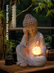 Solar Powered Outdoor Garden Decorative Buddha Statue Lamp Modern Style Landscape Lighting Resin Material No Installation Required