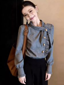 XUECAIQI | French Vintage Plaid Womens Shirt