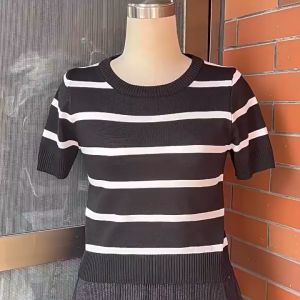 Core Contrast Color Striped Knitted Short-sleeved T-shirt Womens Summer Short Top