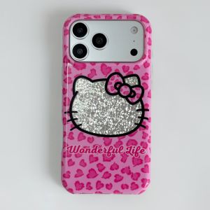 Sanrio | Luxury Rose Red Leopard Print Silver Tin Foil Hello Kitty Head Phone Case For iphone 17 16 15 Pro Max Acrylic Bumper Hard Cover