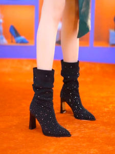 Sparkling Diamond Pointed Toe High Heel Boot Mid-Calf Slim Fit Sock Tube Boot Autumn Winter Fashion Boots for Women