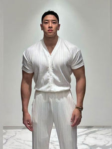 DAVID&ME | V Neck Short Sleeve Blouse Plaid Lightweight Pants Leisure Style Suit