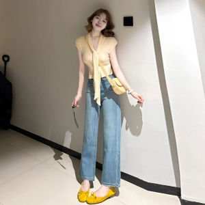 CHANGTONG | เสื้อยืดคอกลมแขนสั้นถักนิตติ้งสไตล์เกาหลีสำหรับผู้หญิงในฤดูร้อน ทรงเข้ารูป สไตล์ทำงาน เสื้อผ้าทำงาน ปกติ